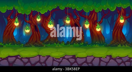 Sfondo di gioco arcade nella foresta, paesaggio notturno fiabesco con lanterne magiche. Posizione stravagante del livello a scorrimento laterale del vettore cartoni animati, illuminata da luci incantate appese a mistici alberi incantati Illustrazione Vettoriale