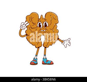 Personaggio cartoni animati con noci di noce con divertente faccia sciocca, emoji fumettistica vettoriale. Gustosi chicchi di noci o semi di noci con sorriso freaky e gesti hippie cool per emoji fumetti di noci e personaggio dei cartoni animati alimentari Illustrazione Vettoriale