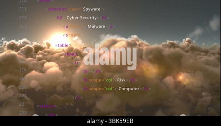 Tag di codice HTML fluttuanti che si spostano sulle nuvole all'alba, con sole splendente, nuvole dense, spazio di copia Foto Stock