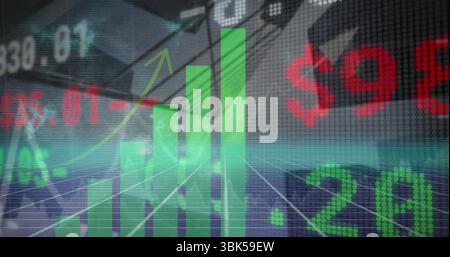 Visualizzazione dell'interfaccia finanziaria, visualizzazione del grafico a barre verde e della freccia rivolta verso l'alto sui numeri dei marcatori a LED della griglia Foto Stock