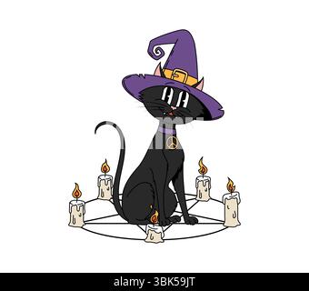 Cartoni animati Halloween, gatto nero che indossa un cappello da strega circondato da candele accese, seduto all'interno di un cerchio con pentagramma. Vacanze vettoriali, stravagante felino trasuda spettrali atmosfere retrò Illustrazione Vettoriale