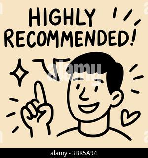 Doodle uomo con bolla vocale altamente raccomandato recensione positiva. Illustrazione con linea nera disegnata a mano su sfondo beige. Illustrazione vettoriale in Illustrazione Vettoriale