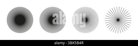 Icone delle linee circolari radiali. Set di elementi di linee circolari. Simbolo dei raggi della stella solare. Adesivi a design piatto. Razze con strisce irradianti. Astratto Illustrazione Vettoriale