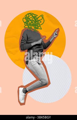 Collage fotografico 3D di tendenza con adesivo spaziale creativo donna pensieri di salto senza testa gesti delle mani punti delle dita Foto Stock