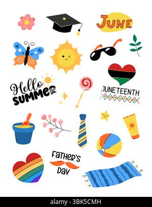 Carino clipart di giugno, set di adesivi. Collezione di illustrazioni vettoriali di elementi estivi a tema sole, farfalla, oggetti da spiaggia, fiori. Clip art mensili Illustrazione Vettoriale
