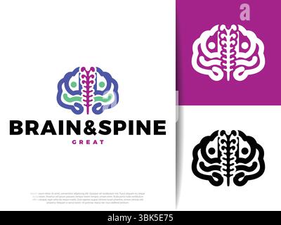 Icona minimalista del cervello e della colonna vertebrale che rappresenta neuroscienze, neurologia e salute della colonna vertebrale. Simbolo vettoriale pulito ideale per applicazioni mediche, cliniche, educazioni Illustrazione Vettoriale