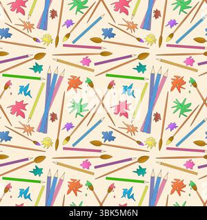 Motivo senza cuciture con matite colorate, pennelli, inchiostro e schizzi di vernice su sfondo beige. Per tornare a scuola o a tema educativo, forniture o. Illustrazione Vettoriale