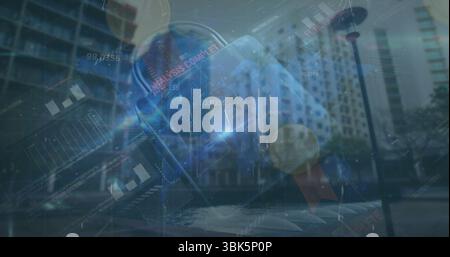 Capsula olografica galleggiante che proietta analisi sopra la passerella del canale, con testo COMPLETO DI ANALISI Foto Stock