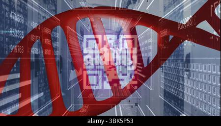 Doppia elica rotante in DNA rosso stilizzato all'interno di un futuristico corridoio per server rack, con grafica con codice QR Foto Stock