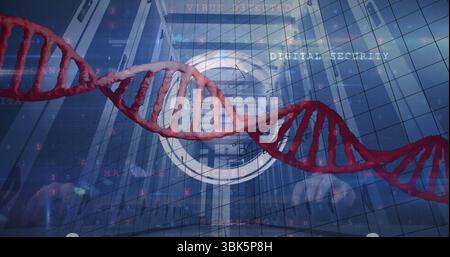 Proiettando una doppia elica di DNA rosso che galleggia sopra i rack server del data center con testo di sicurezza della griglia Foto Stock