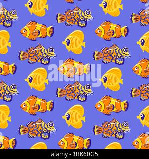 Un motivo senza cuciture caratterizzato dal colorato Chaetodon semilarvatus, dal vivace pesce mandarino e dal giocoso pesce pagliaccio, che mostra i loro intricati dettagli e. Illustrazione Vettoriale
