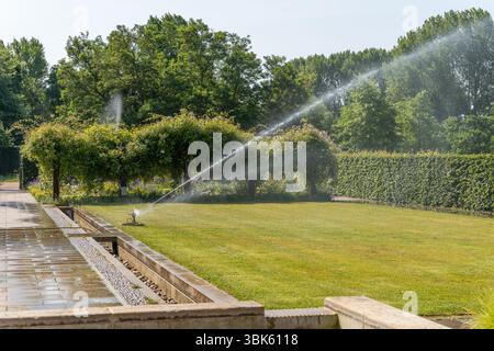 Un irrigatore automatico per prati innaffia un giardino ben tenuto al sole. Siepi e pergole con piante rampicanti crescono sullo sfondo. Foto Stock