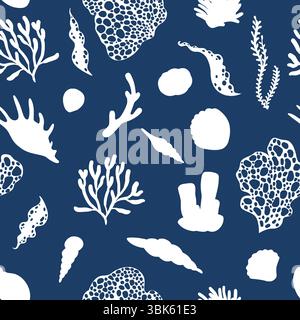 Shell senza cuciture e motivo corallino su sfondo blu Illustrazione Vettoriale
