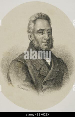 Francisco Espoz y Mina (1781-1836). Esercito spagnolo. Leader dei guerriglieri della Navarra durante la guerra d'indipendenza spagnola (1808-1814). Combatté nell'esercito Isabelino nella prima guerra carlista (1833-1840), essendo il più responsabile della lotta nel nord della Spagna contro i carlisti. Verticale. Disegno di Jose Cuevas. Litografia. "Historia de la guerra Civil y de los partidos liberal y carlista" (storia della guerra civile e dei partiti liberali e carlisti), di Antonio Pirala. Volume II. Madrid, 1868. Foto Stock