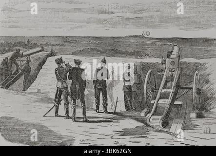 Guerra franco-prussiana (1870-1871). Assedio di Metz (dal 19 agosto al 27 ottobre 1870). Batteria di artiglieria prussiana. Incisione. Historia de la Guerra de Francia y Prusia (storia della guerra tra Francia e Prussia). Volume I. pubblicato a Barcellona, 1870. Foto Stock