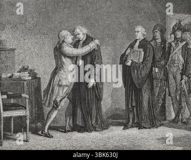 Rivoluzione francese. Sentenza del re Luigi XVI di Francia (1754-1793). Incontro di Luigi XVI con il suo avvocato Malesherbes (1721-1794). Disegno di Hippolyte de la Charlerie. Incisione. "Storia della Rivoluzione francese". Volume i, 1876. Foto Stock