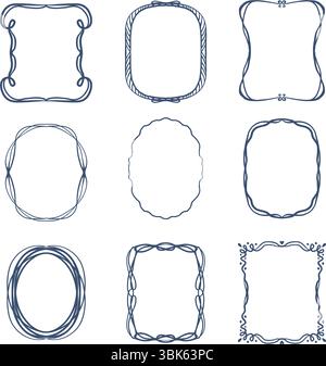 Set di cornici con linee blu con ricci e tratti ondulati. Raccolta di modelli vuoti verticali per decorare il testo. Cornici per ricevimenti o matrimoni. Illustrazione Vettoriale