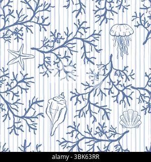 Sfondo in corallo senza cuciture in stile moderno nei colori blu e bianco. Sfondo a strisce di alghe organiche. Design vettoriale per tessuti, involucri Illustrazione Vettoriale