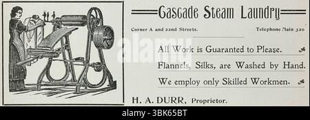 1900 annuncio a stampa per lavanderia a vapore Cascade, testo "tutti i lavori sono garantiti. I fianchi, le sete vengono lavate a mano. Impieghiamo solo lavoratori qualificati. H.A. Durr, proprietario." Foto Stock