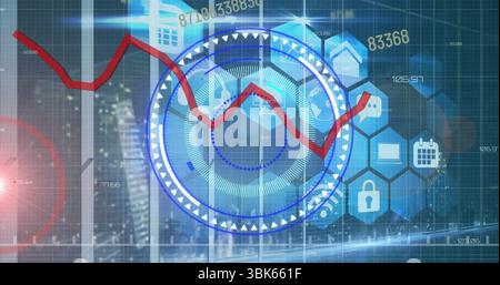 Visualizzazione dell'HUD blu centrale sullo skyline notturno, con linee rosse e icone esadecimali per i dati Foto Stock