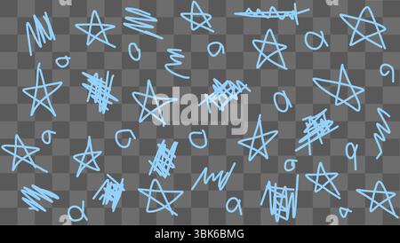 Varie stelle blu disegnate a mano e scarabocchi astratti sono sparse su uno sfondo trasparente, che mostra un design stravagante e artistico. Il Illustrazione Vettoriale