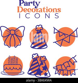 Pacchetto di icone arancione per feste piatte. Vettore Illustrazione Vettoriale