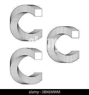 Frecce curve 3D. Direzione a C. Icone vettoriali isometriche. Simboli di movimento monocromatici. Illustrazione Vettoriale