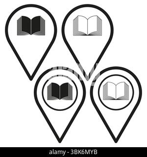 Icone PIN libro. Simbolo della posizione della conoscenza. Lettura puntatore mappa. Concetto di educazione vettoriale. EPS Illustrazione Vettoriale