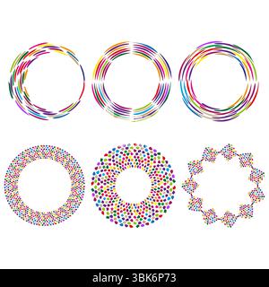 Cornici circolari colorate. Elementi di bordo astratti. Ripetizioni geometriche vibranti. Set decorativo vettoriale. Illustrazione Vettoriale