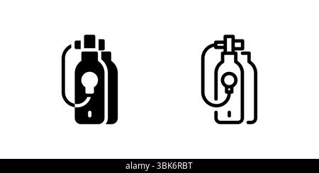 Set di icone serbatoio subacqueo. Un'icona nera di una vasca subacquea, che rappresenta l'equipaggiamento da immersione. Illustrazione Vettoriale