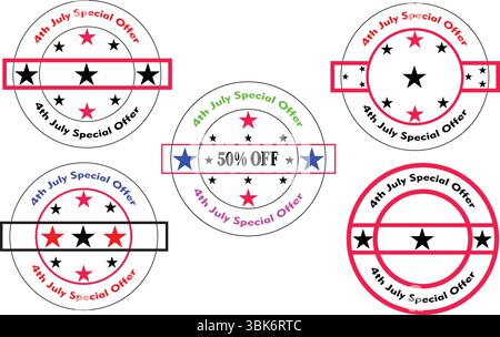 Fourth July Offerte speciali Circular Stamp Badge Design with Stars and Discount Ribbon in Editable Vector Format Illustrazione Vettoriale