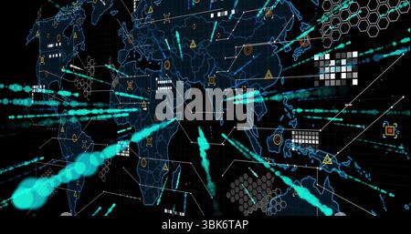 Mostra la mappa del mondo con contorni e nodi blu neon sulla griglia del dashboard tecnico, con flussi di dati ottanio Foto Stock