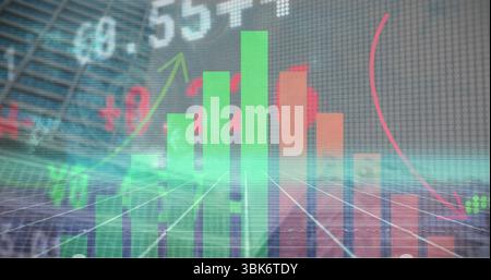 Grafico a barre mobile sulla griglia nell'atrio, con barre verdi rosse, dati numerici e frecce di trend Foto Stock