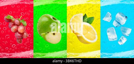 Bevanda rinfrescante. Uva, mele, limone, cubetti di ghiaccio, acqua e gocce su sfondo colorato. Design banner Foto Stock