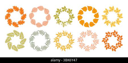 Semplice set di cornici circolari per foglie autunnali. Carino bordo corona di foglie autunnali. Ciao autunno. Illustrazione stagionale vettoriale. Modello per poster, cartolina. Illustrazione Vettoriale