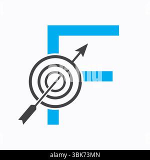 Logo target sulla lettera F Concept for Success Symbol. Design del logo degli obiettivi aziendali Illustrazione Vettoriale
