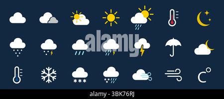 Set di icone meteo. Previsione dei simboli piatti meteo Illustrazione Vettoriale