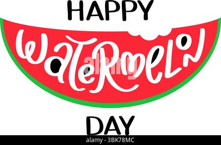 Un vivace design Happy Watermelon Day caratterizzato da una fetta di anguria allegra con un'audace tipografia, perfetto per feste estive e feste. Illustrazione Vettoriale