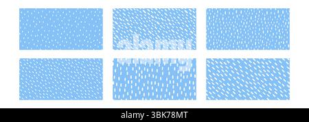 Set di elementi a pioggia semplici. Piccolo trattino. Motivo senza cuciture di gocce d'acqua bianca su sfondo blu. Illustrazione vettoriale Illustrazione Vettoriale