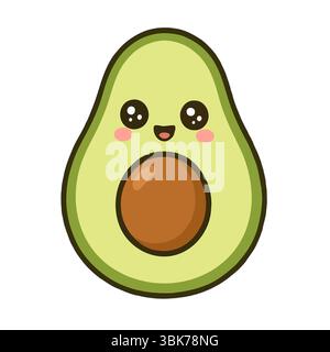 Simpatico Kawaii Avocado con volto sorridente e personaggio Big Seed Illustrazione Vettoriale