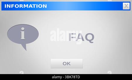 Viene visualizzata la finestra di dialogo delle informazioni sul design piatto, con barra del titolo blu, icona delle informazioni, domande frequenti e pulsante OK Foto Stock