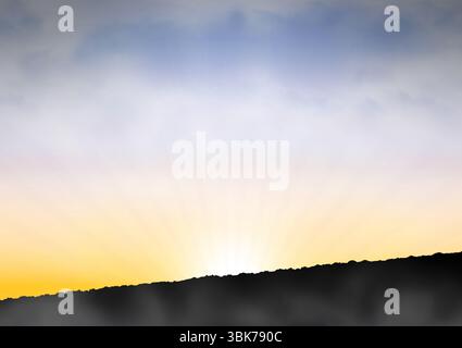 La silhouette di Hill Ridge viene mostrata con un design piatto, con i raggi del sole che sorgono e le nuvole a strati Foto Stock