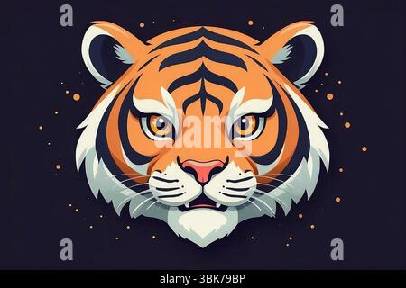 Illustrazione della testa di tigre in stile vettoriale piatta su sfondo scuro Illustrazione Vettoriale
