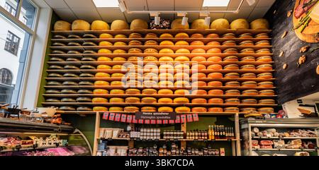 Una vivace esposizione di numerosi formaggi disposti su scaffali all'interno di un negozio di specialità alimentari, che mostra prodotti caseari e prelibatezze gourmet in un luminoso ambiente Foto Stock