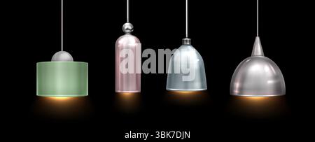 Moderno set di lampade a sospensione da soffitto con varie forme geometriche: Design cilindrico, a cupola e a campana con finiture metalliche, illuminato con luce calda per un'illuminazione interna contemporanea e arredamento per la casa. Illustrazione Vettoriale