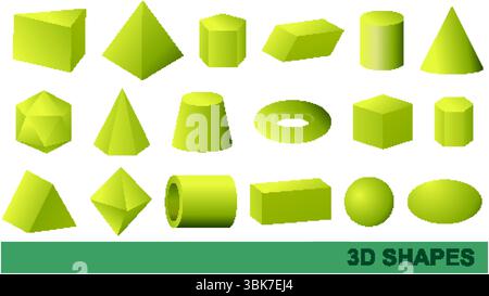 Un set di varie forme geometriche 3D in verde brillante, che mostrano forme e prospettive diverse con uno stile pulito e moderno Illustrazione Vettoriale