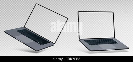 Mockup di pc laptop con schermi trasparenti: Computer notebook con diverse angolazioni per la presentazione di app, la visualizzazione di siti Web o la vetrina di prodotti digitali con monitor vuoti pronti per contenuti personalizzati. Illustrazione Vettoriale