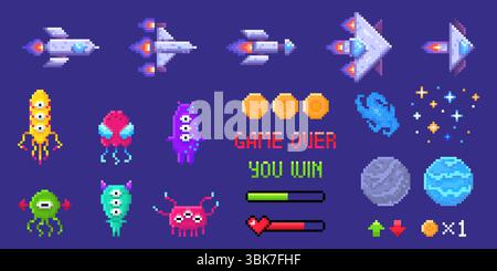 Risorse di gioco che invadono lo spazio dei pixel retrò: Navicelle spaziali a 8 bit, mostri alieni, monete, pianeti ed elementi dell'interfaccia utente. Classico sparatutto arcade sprite con testo, barrette di salute per un nostalgico design di gioco vintage. Illustrazione Vettoriale