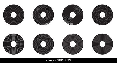 Dischi in vinile a lunga durata e icone giradischi per DJ set musica retro disco stile anni '1970 - '1990 nostalgico illustrazione vettoriale isolata Illustrazione Vettoriale