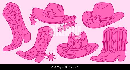 Stivali e cappelli rosa da discoteca da cowgirl con stelle, frange e accessori alla moda western per le feste. Scarpe da rodeo retrò decorate con fulmini, scintille e articoli vintage in stile country. Illustrazione Vettoriale